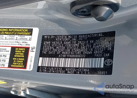 2017 Toyota Camry Le from USA, damaged, VIN 4T1BF1FK6HU806222